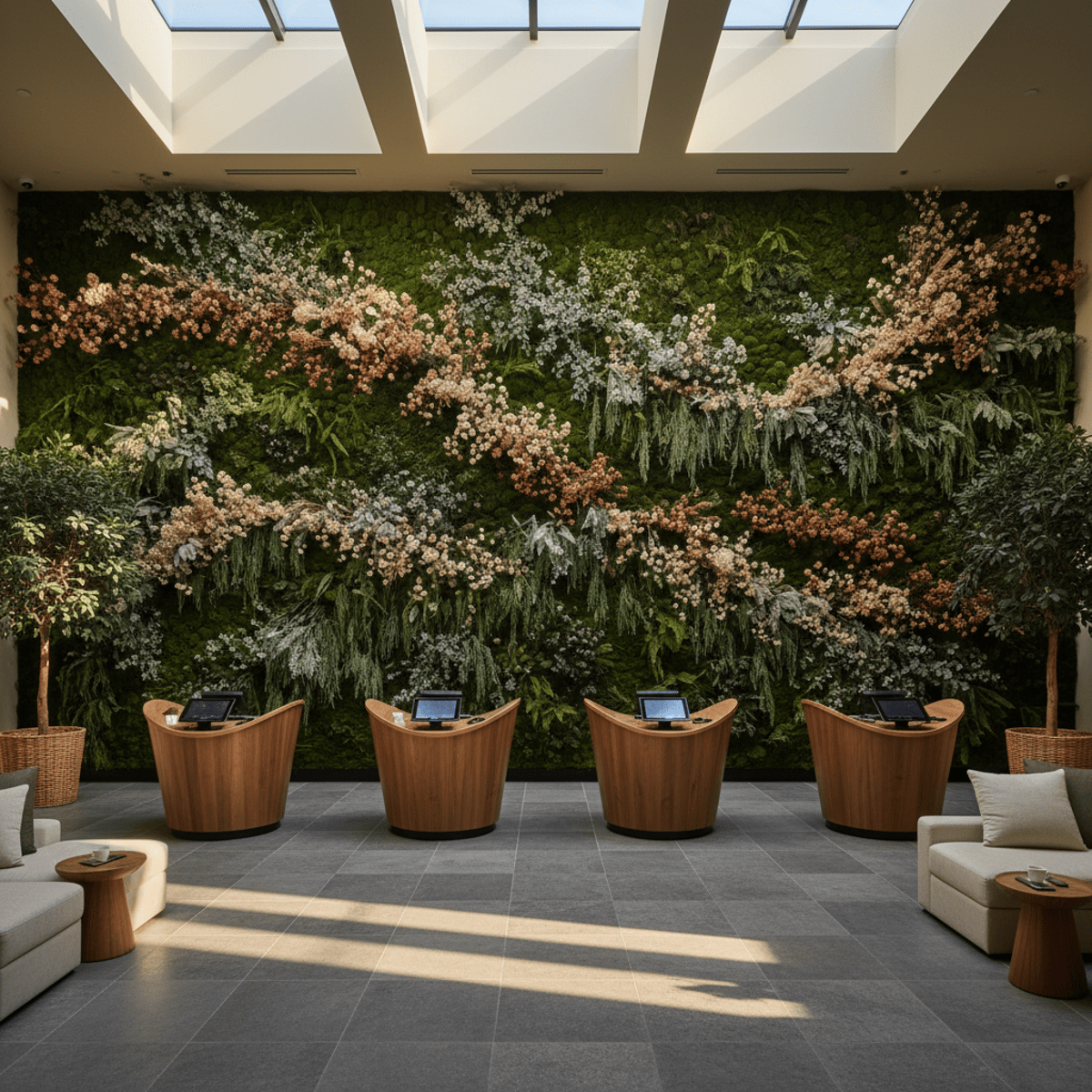 Luxurious spa reception with a lush biophilic living wall and natural wood counters.