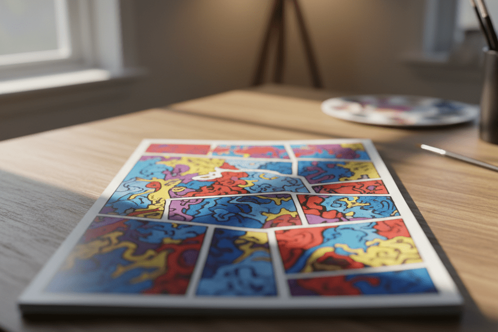 Close-up of an abstract comic book cover with irregular panels under natural light, emphasizing artistic innovation