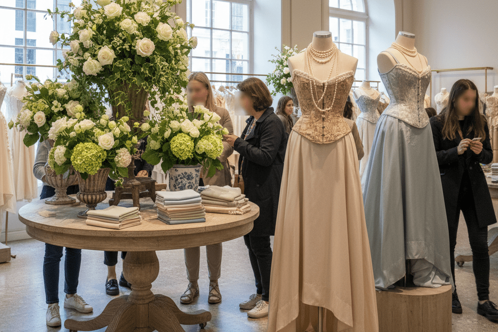 Wide shot of Regency-themed retail display with mannequins, floral decor, and shoppers browsing under natural light