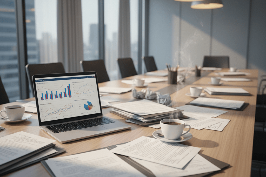 Office table with legal documents symbolizing distribution disputes Modern meeting room table with legal papers and laptop under natural light, reflecting unresolved business conflicts