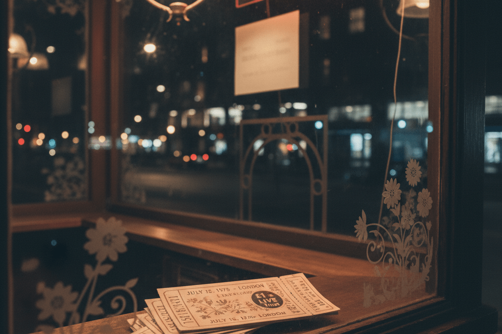 Concert tickets with charity donation sticker on vintage booth counter Medium shot of concert tickets and a '£1 to LIVE Trust' sticker on a dimly lit ticket booth counter at night