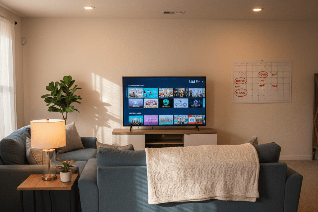 Cozy living room with paused smart TV, side table, plant, and calendar showing weekly release dates under warm ambient light
