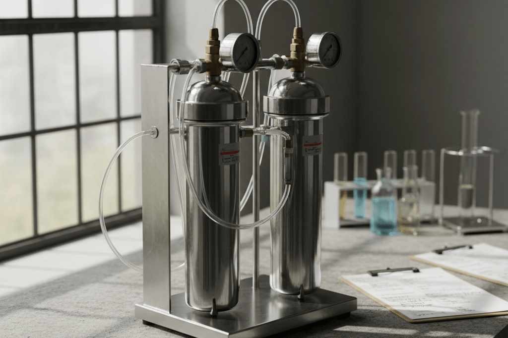 Stainless steel water filtration system on lab counter with testing vials under ambient light, representing environmental compliance measures