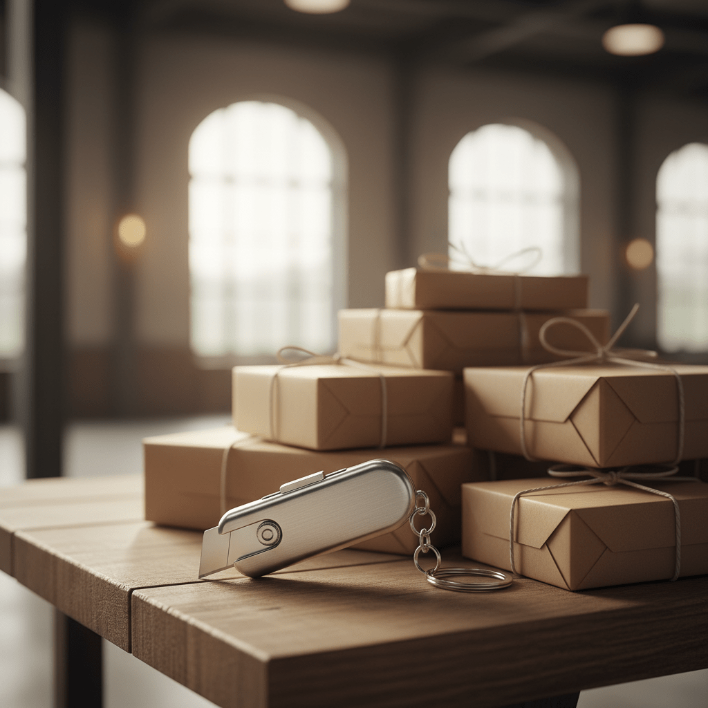 Sleek pocket cardboard cutter with metallic casing clipped to a keyring.