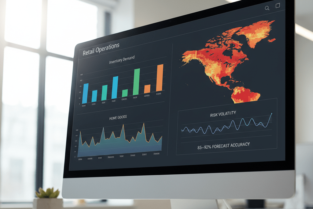 Medium shot of a clean office monitor displaying multivariate inventory analytics and accuracy metrics for volatile market planning