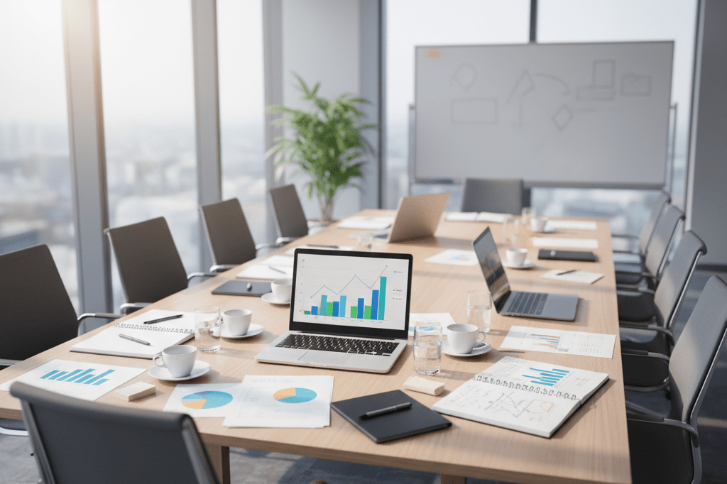Wide shot of a conference table with laptops, notebooks, and coffee cups under natural window light, symbolizing collaborative strategy sessions