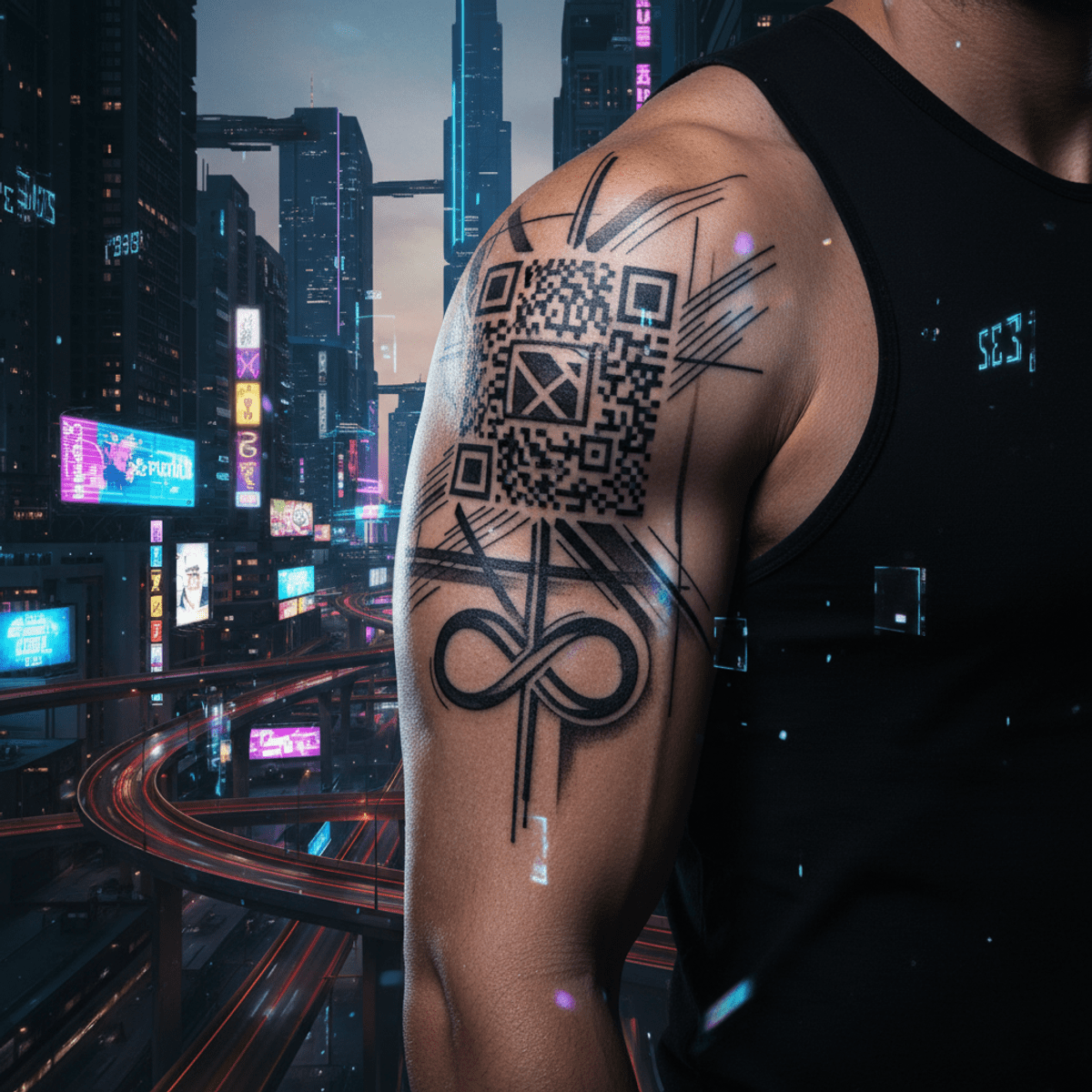 Custom arm tattoo against a neon city skyline at dusk. Man's arm with a custom linear tattoo against a neon-lit cityscape at dusk.