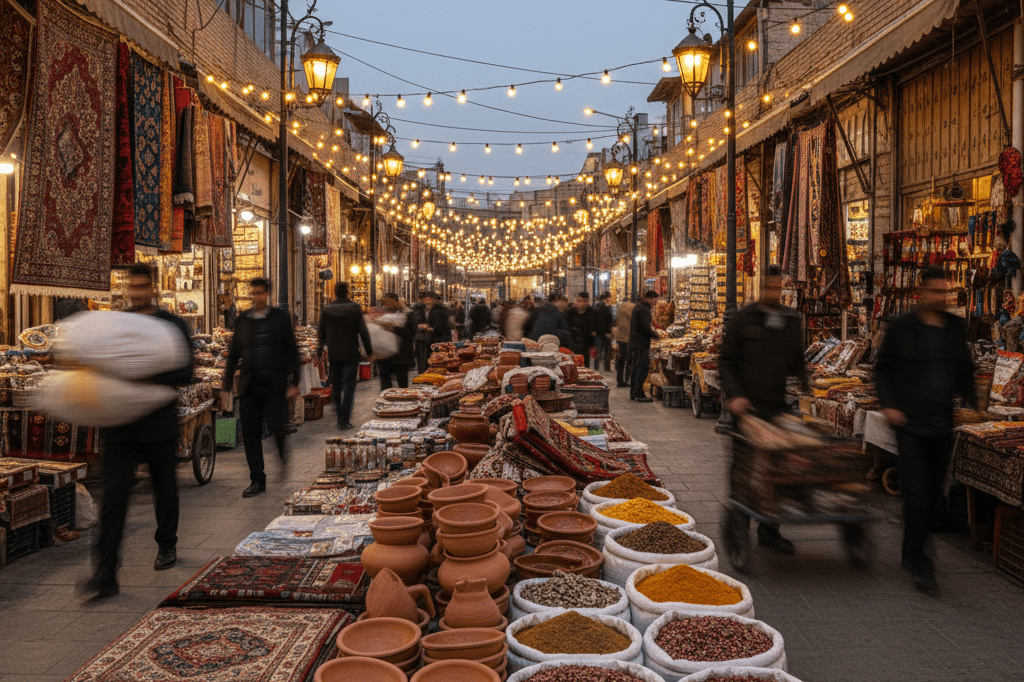 Iranian marketplace reflecting strained supply chain dynamics Warmly lit Iranian market at evening showing goods and soft activity, symbolizing supply chain challenges amid regional instability