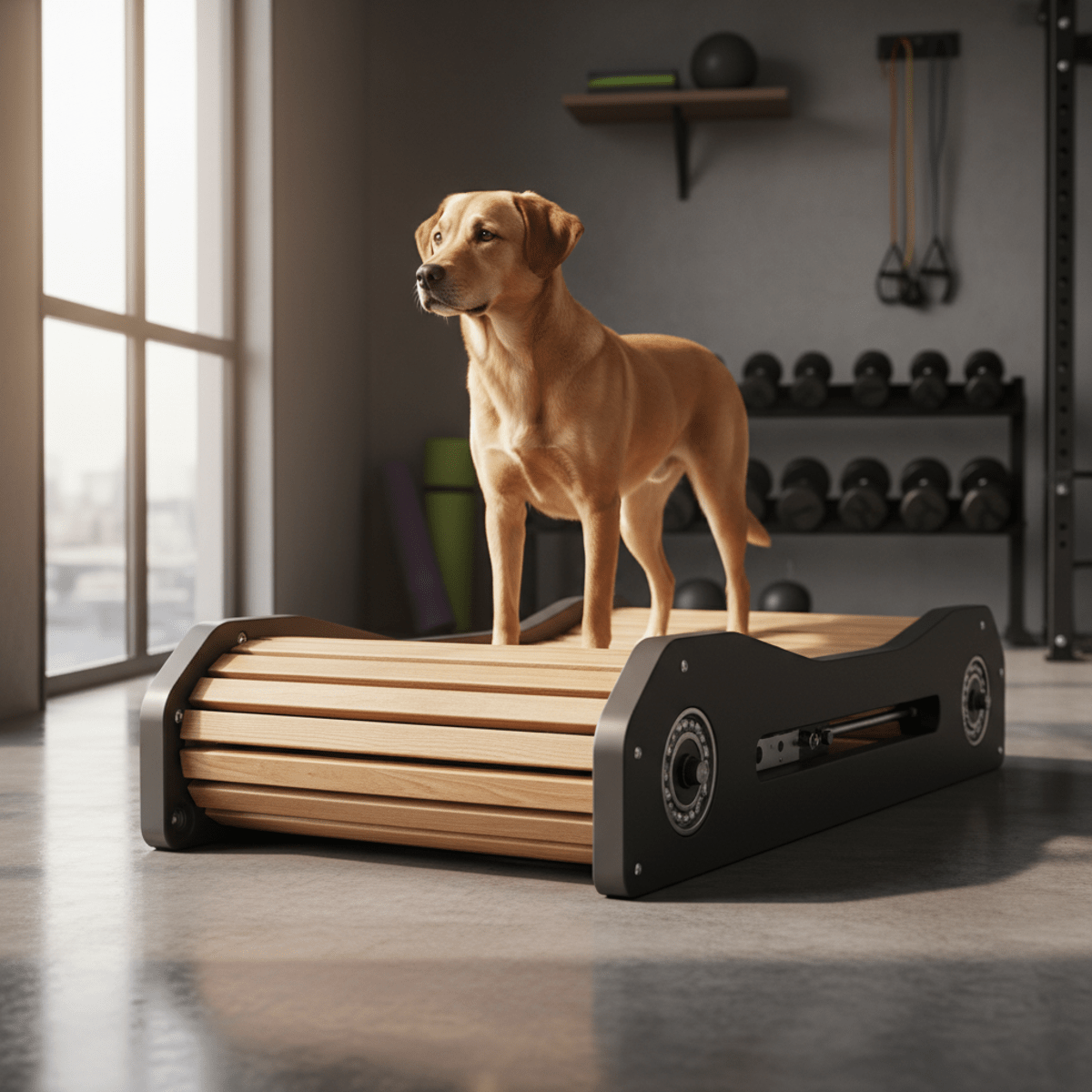 Medium dog stands on a modern slatmill in a bright, organized home gym.