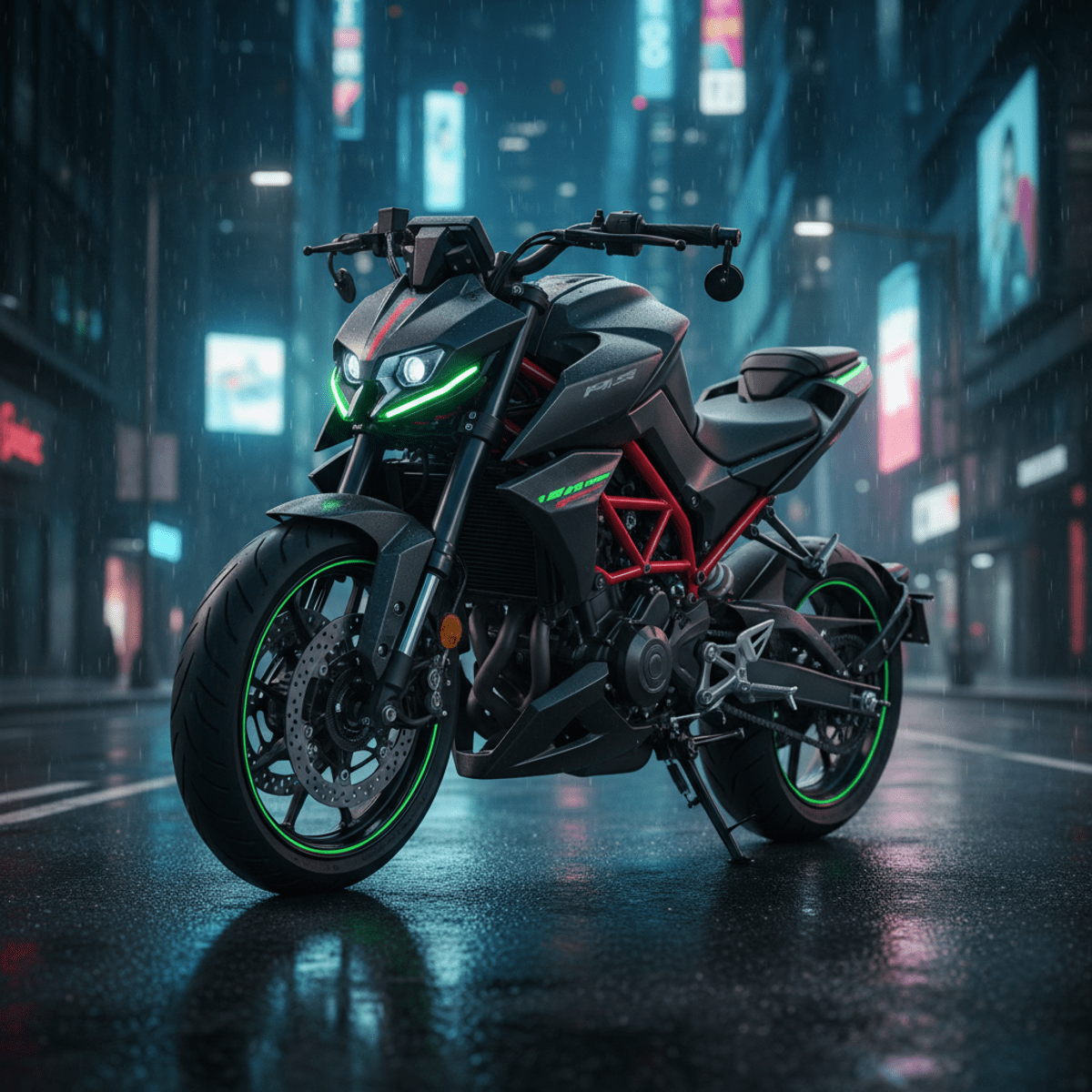 Futuristic motorcycle with neon accents on wet urban street Sleek matte black motorcycle with neon green accents on a wet futuristic street.