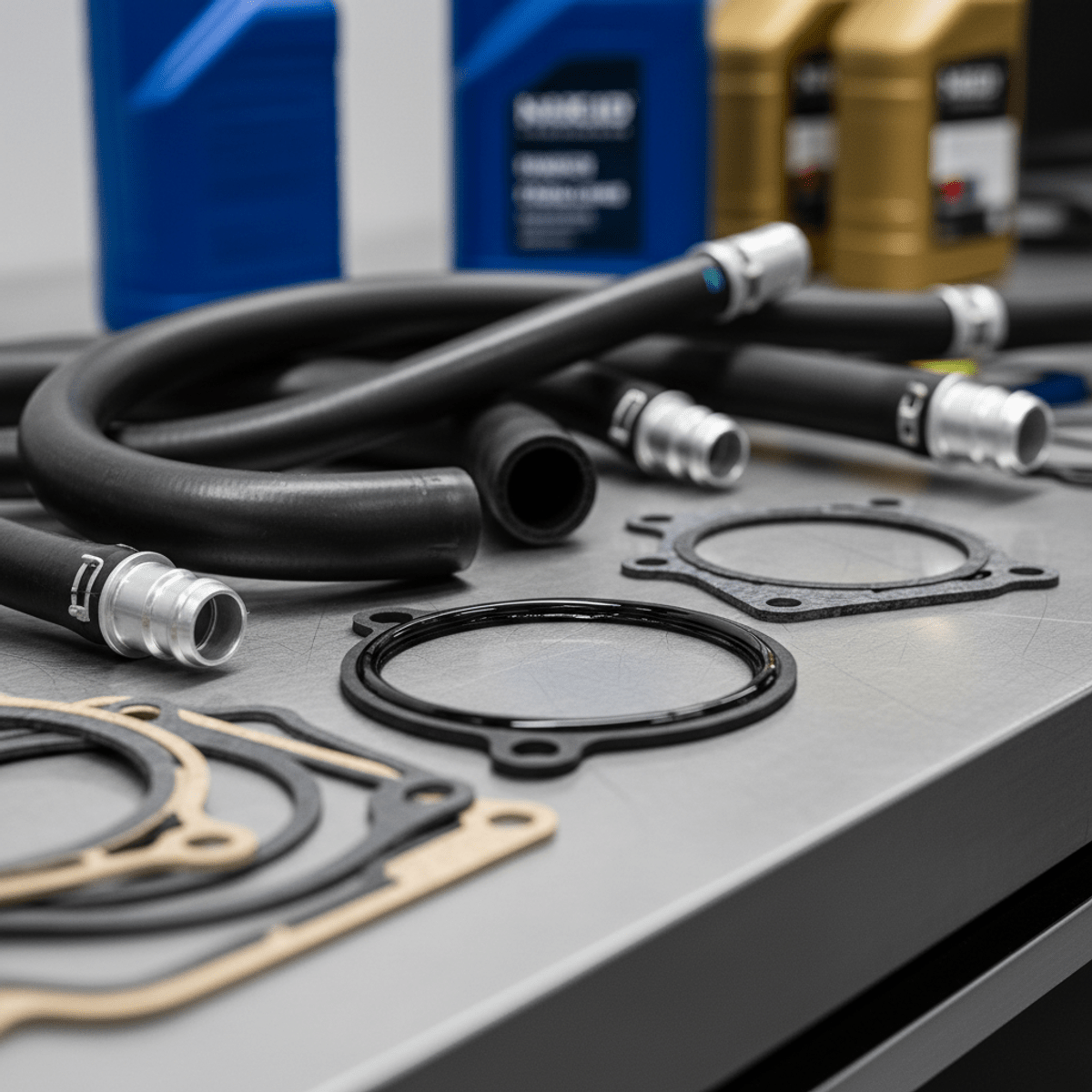 Automotive engine hoses and gaskets with epoxy on a workbench, showing matte and smooth textures.