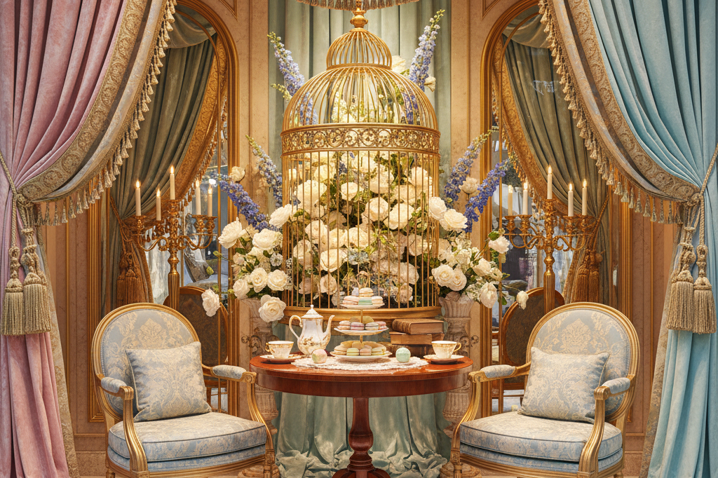 Luxurious Regency-inspired retail window display with romantic aesthetics Opulent retail display featuring velvet textures, floral arrangements, and gold accents under soft natural lighting, evoking period drama romance