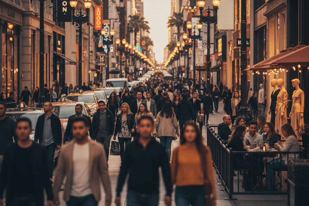 Vibrant Los Angeles street with luxury retail shops and outdoor diners under glowing evening lights, reflecting heightened event-driven commerce