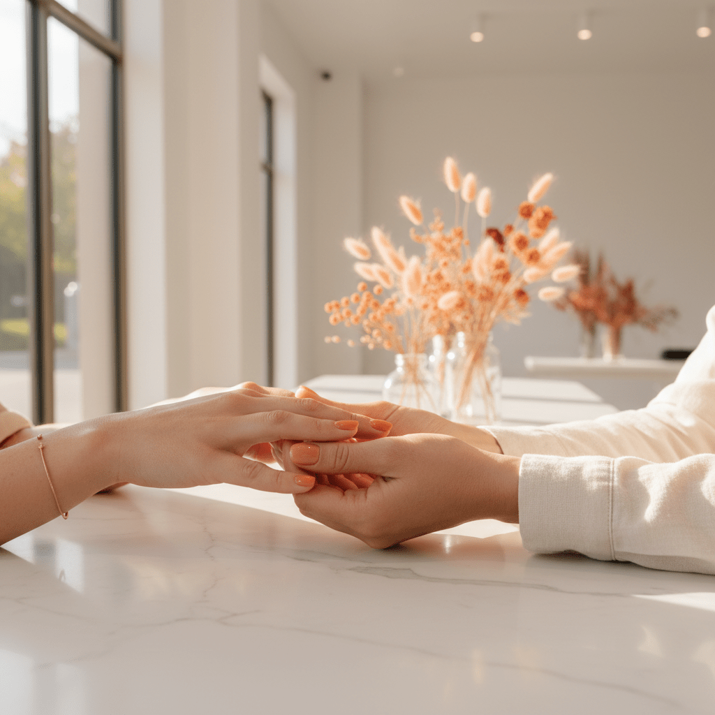 Modern nail salon with apricot jelly nails on marble countertop.
