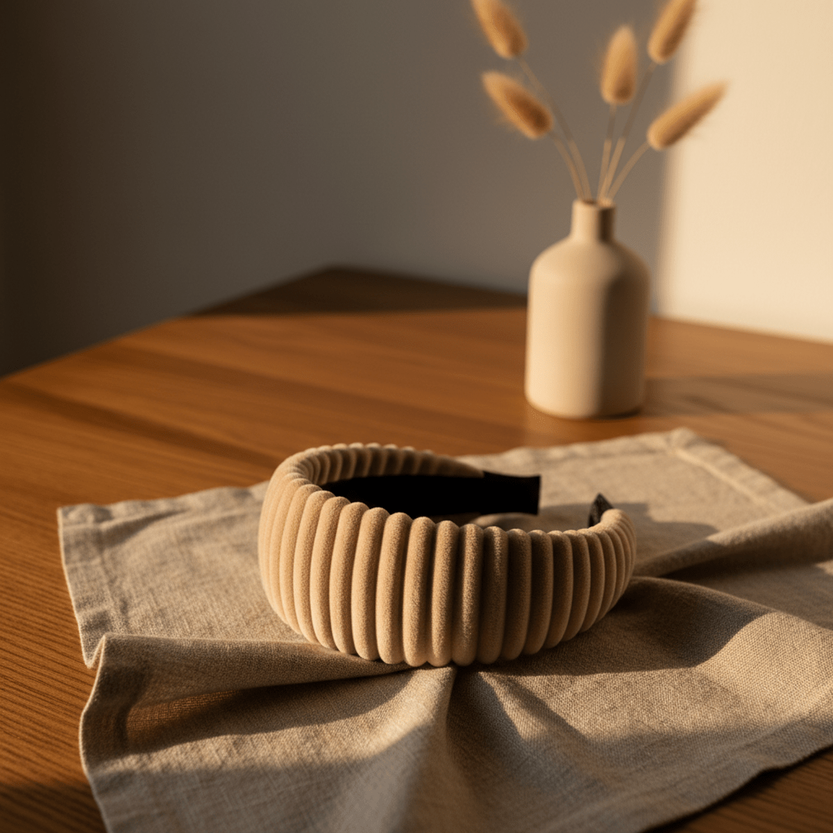 A beige puffy ribbed headband rests on folded linen, showcasing refined volume and texture.