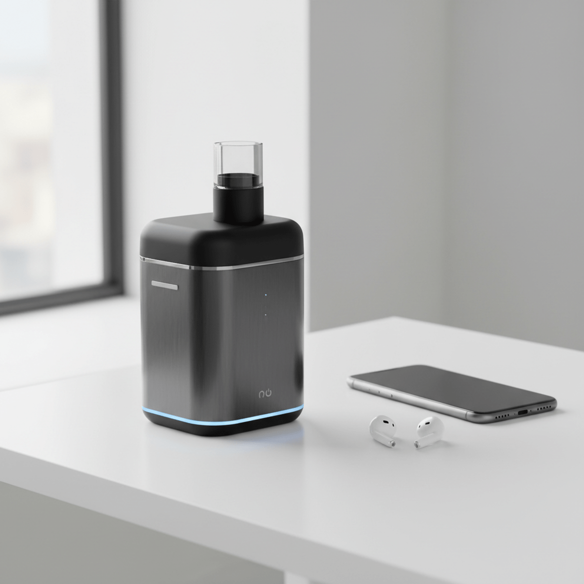 Sleek matte black portable nebulizer with brushed aluminum housing on a white table.