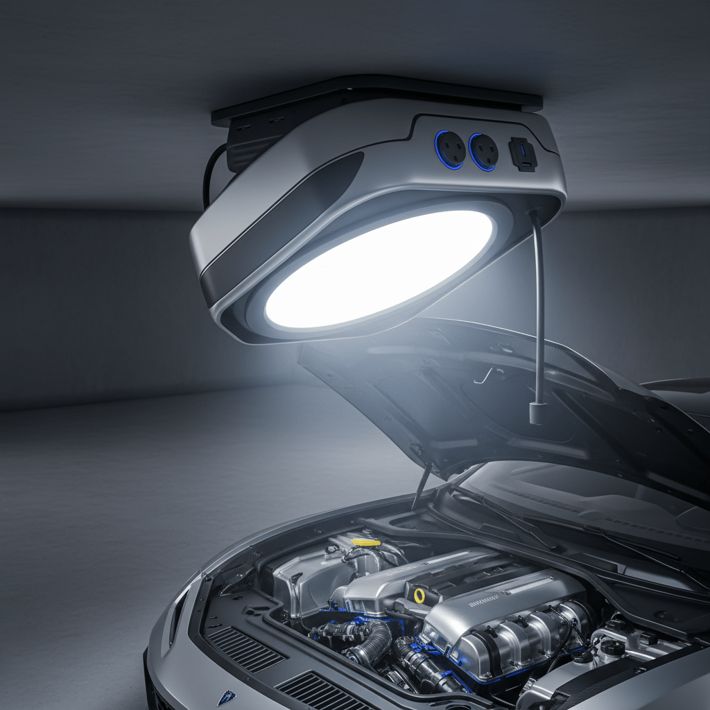 Ceiling-mounted retractable power and LED light reel in a modern garage.