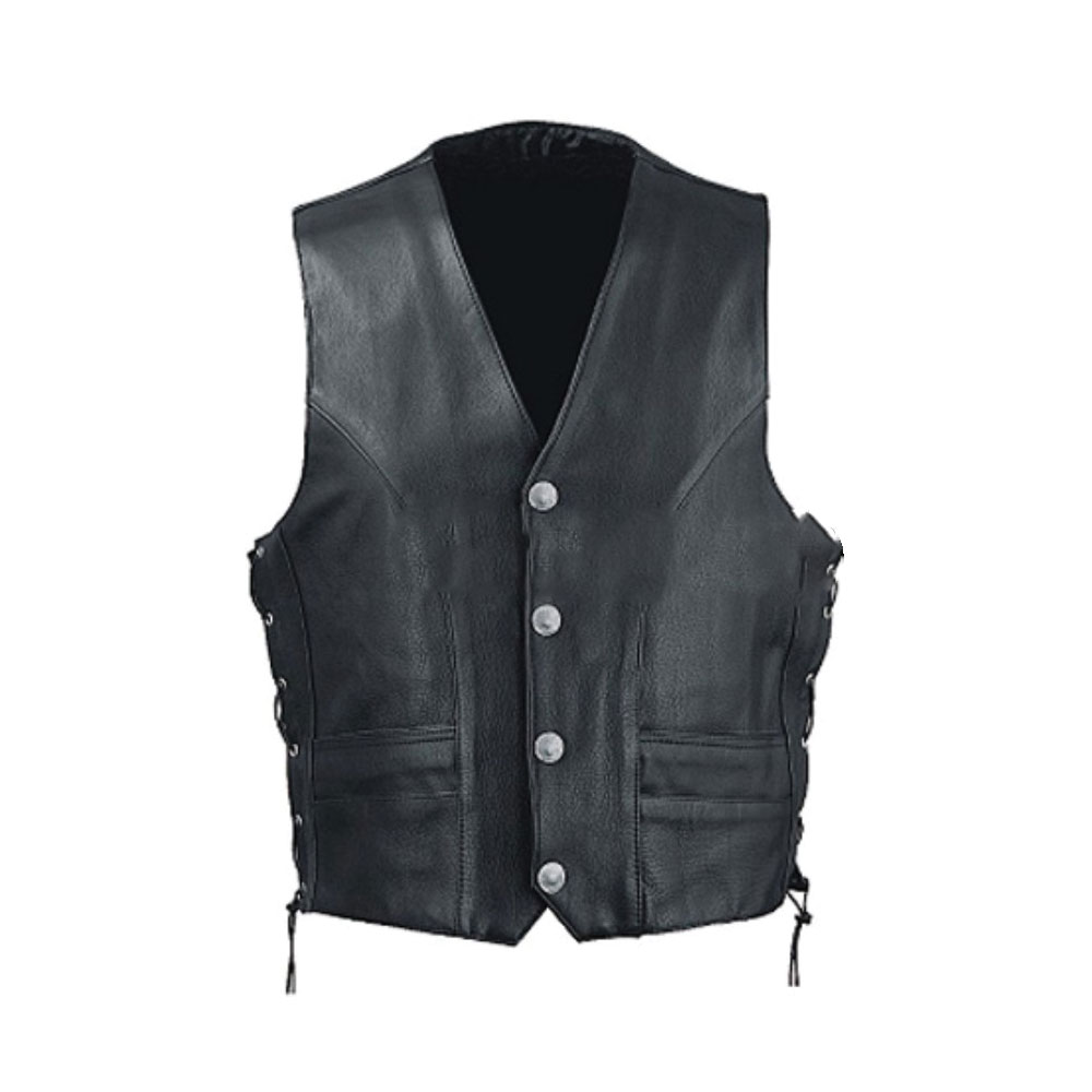 Leatherick SOA Chaleco de motorista de cuero genuino sin cuello SOA para hombre Chaleco sin cuello para motorista con bolsillos profundos