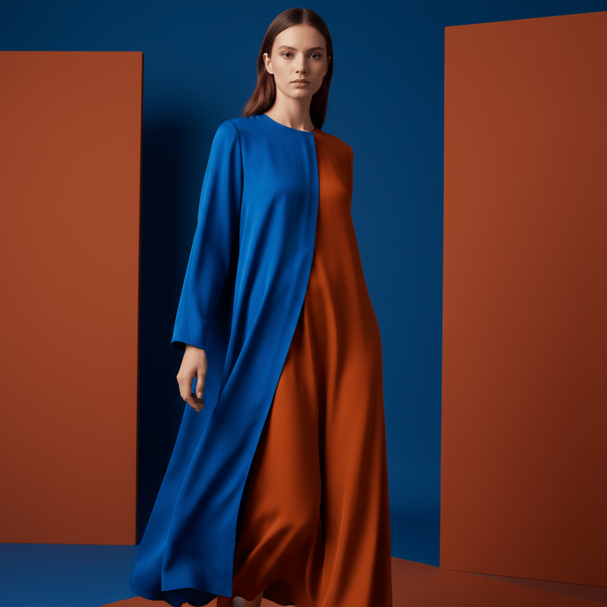 Model in contrasting cobalt blue and burnt orange flowing garment in a studio.