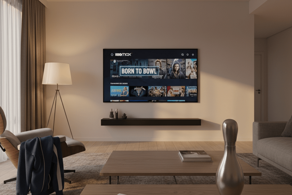 Cozy living room setup showcasing Born to Bowl streaming moment Living room with TV showing HBO Max interface highlighting Born to Bowl documentary under warm ambient lighting