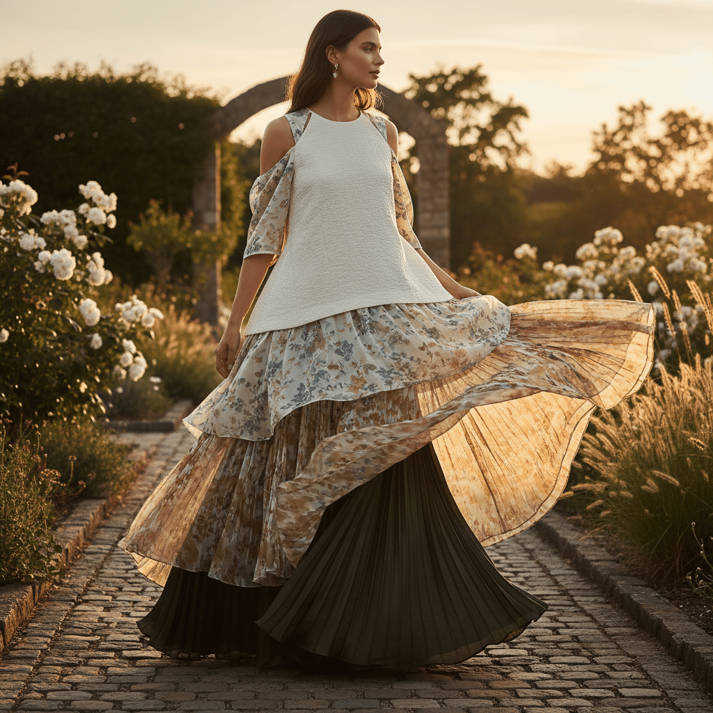 Ivory cold shoulder dress with floral print, layered fabrics, outdoor golden hour.