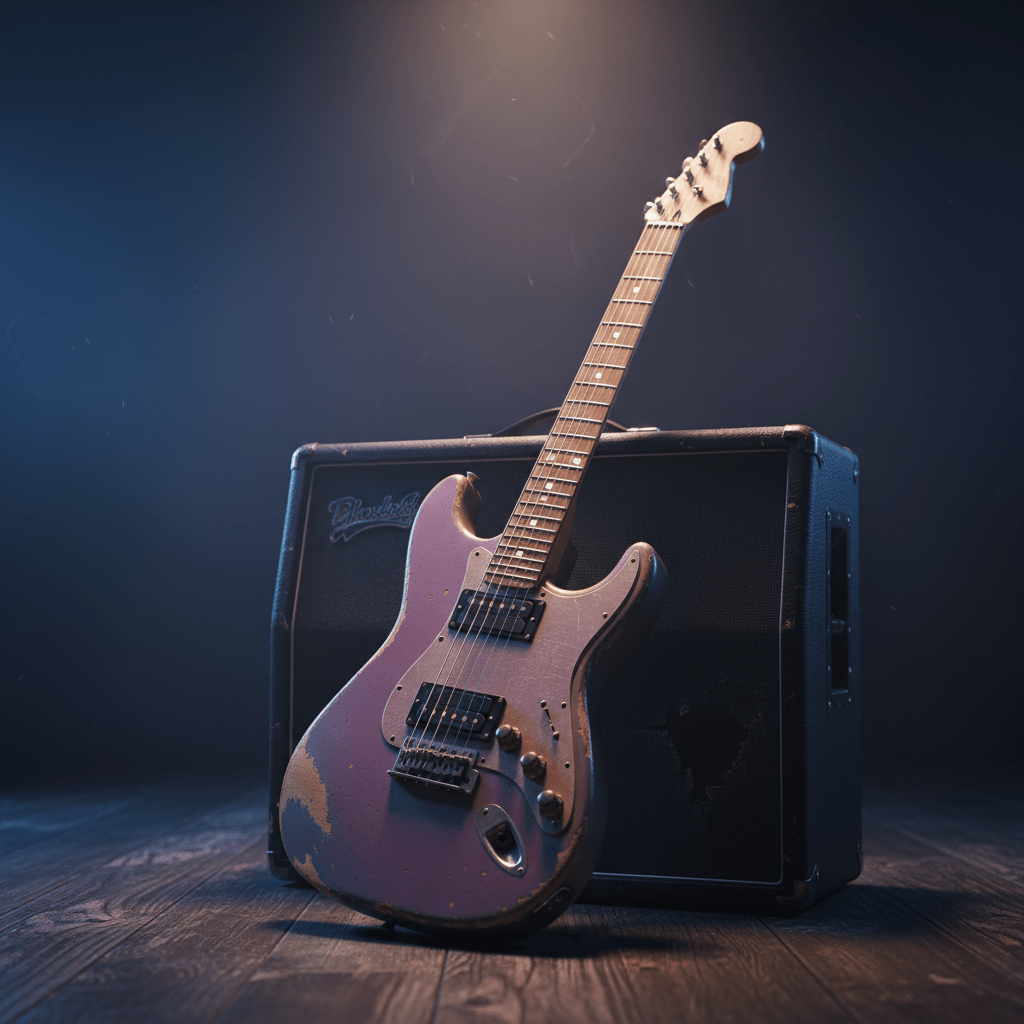A relic-finish plum guitar leans against a black amp, showing wear and patina.