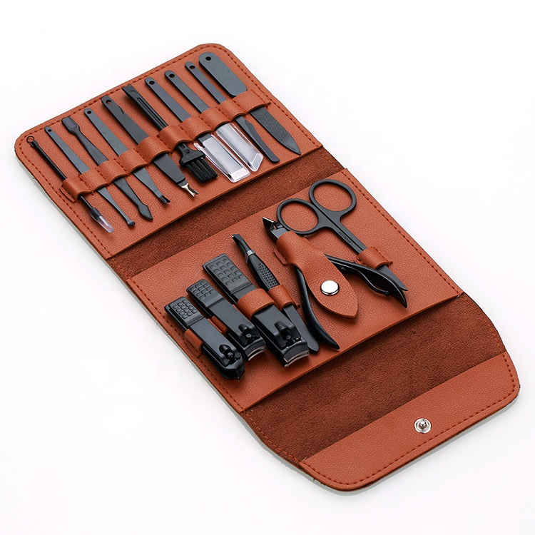 Оптовая продажа 16 шт черный маникюрный набор из нержавеющей стали с полиуретановым кожаным чехлом