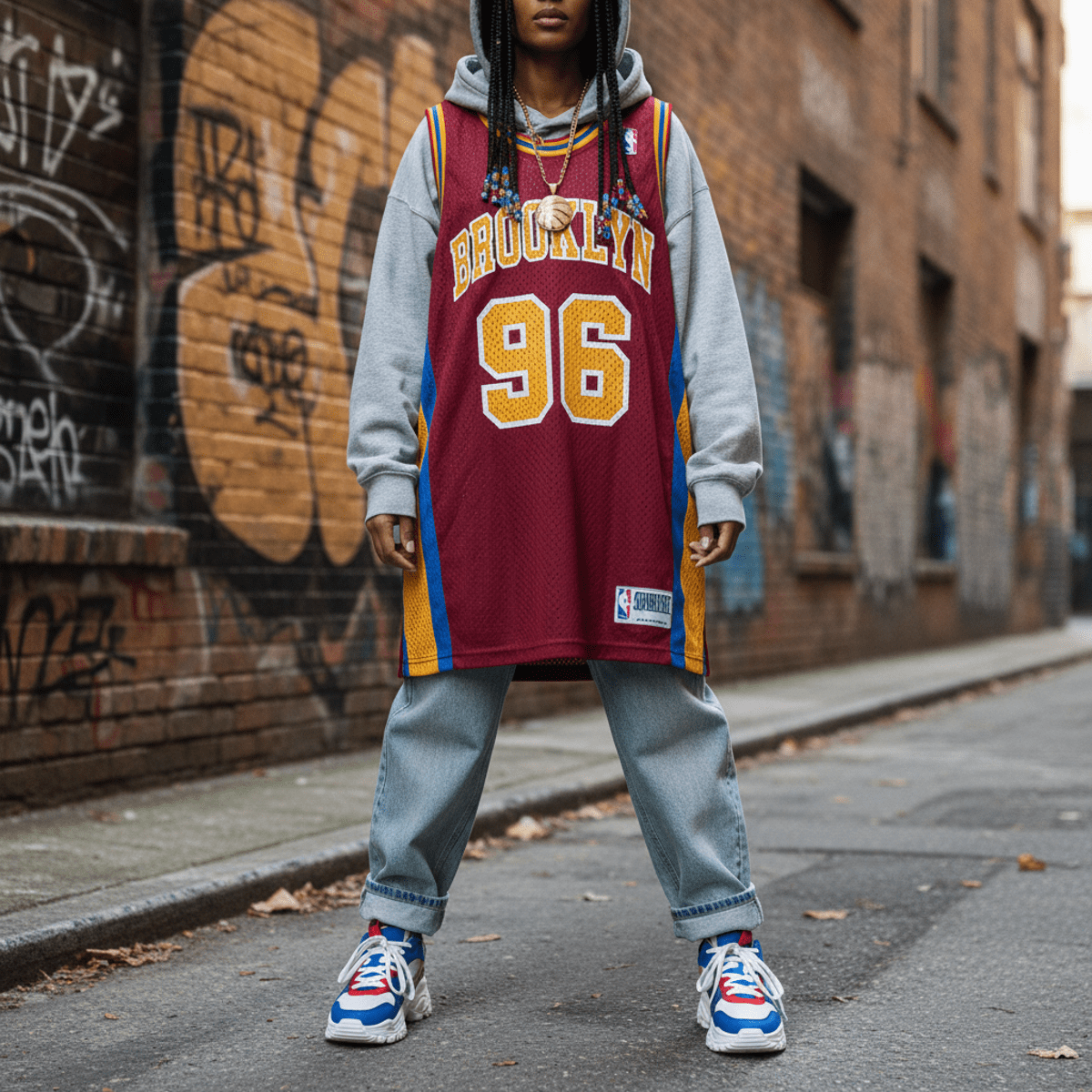 Oversized basketball jersey dress over hoodie, denim, and chunky sneakers on urban street.