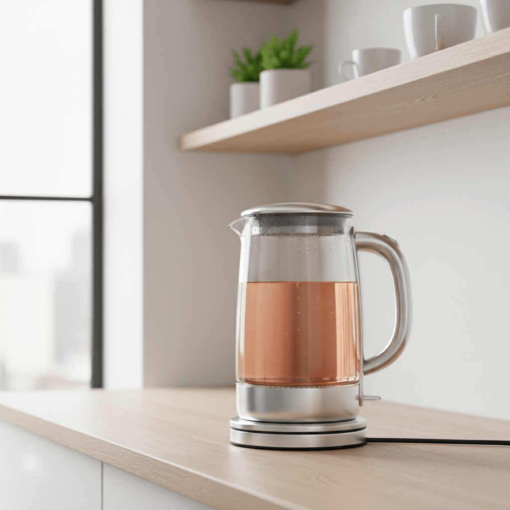 Compact electric glass tea kettle on a modern apartment kitchen counter.