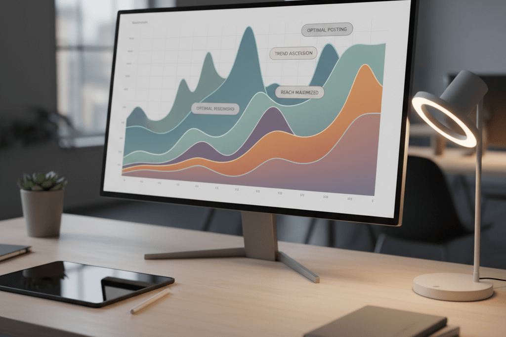 Sleek office monitor displaying abstract engagement graphs and timing curves under warm ambient light