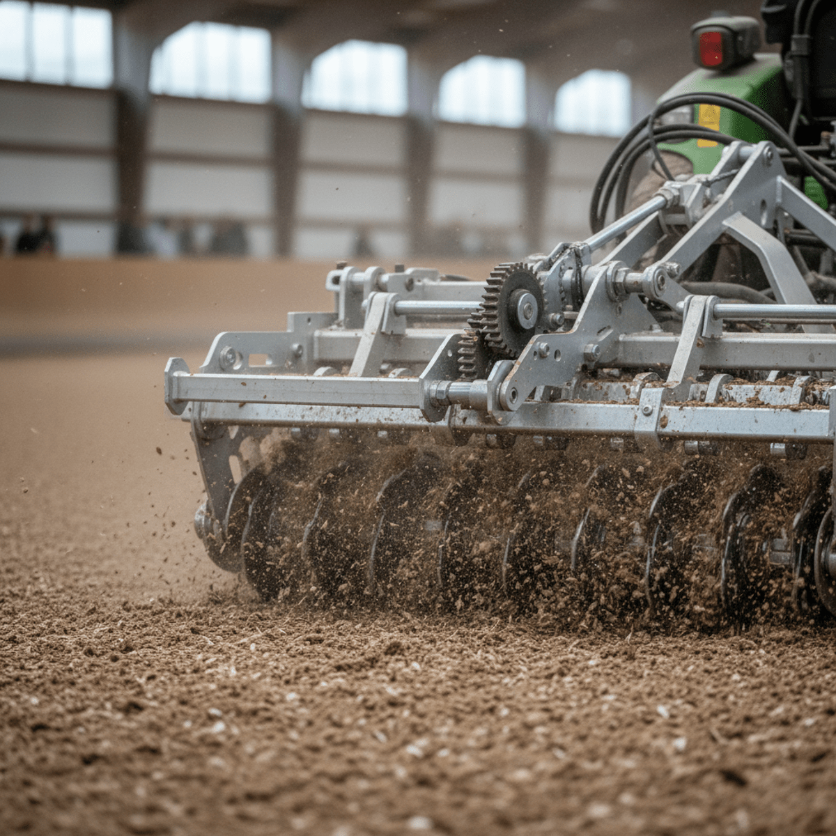 Advanced arena drag rotary harrow de-compacting synthetic fiber footing.