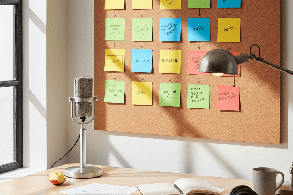 Desk with corkboard, scripts, and mic under natural light, symbolizing comedy content strategy and innovation