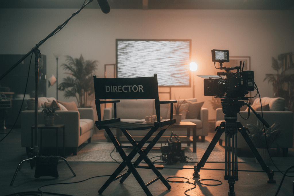 Unoccupied reality TV production set with equipment under ambient indoor light, hinting at unseen footage strategies