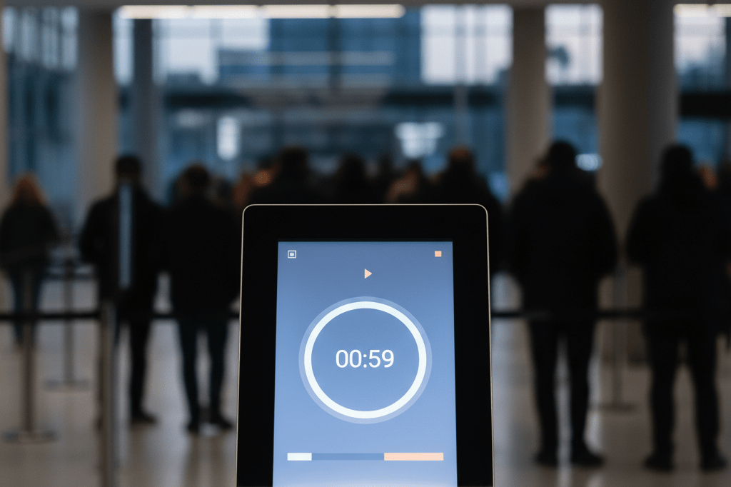 Medium shot of modern ticket kiosk with animated countdown in ambient venue lighting A contemporary ticket kiosk with glowing interface and blurred crowd background under soft venue lighting