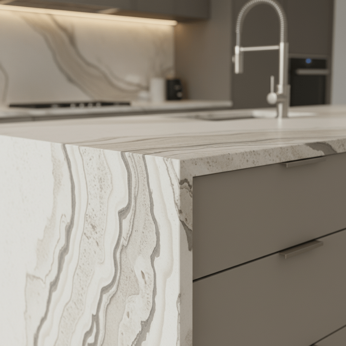 Modern kitchen countertop with quartzite look, deep organic patterns, and waterfall edge.