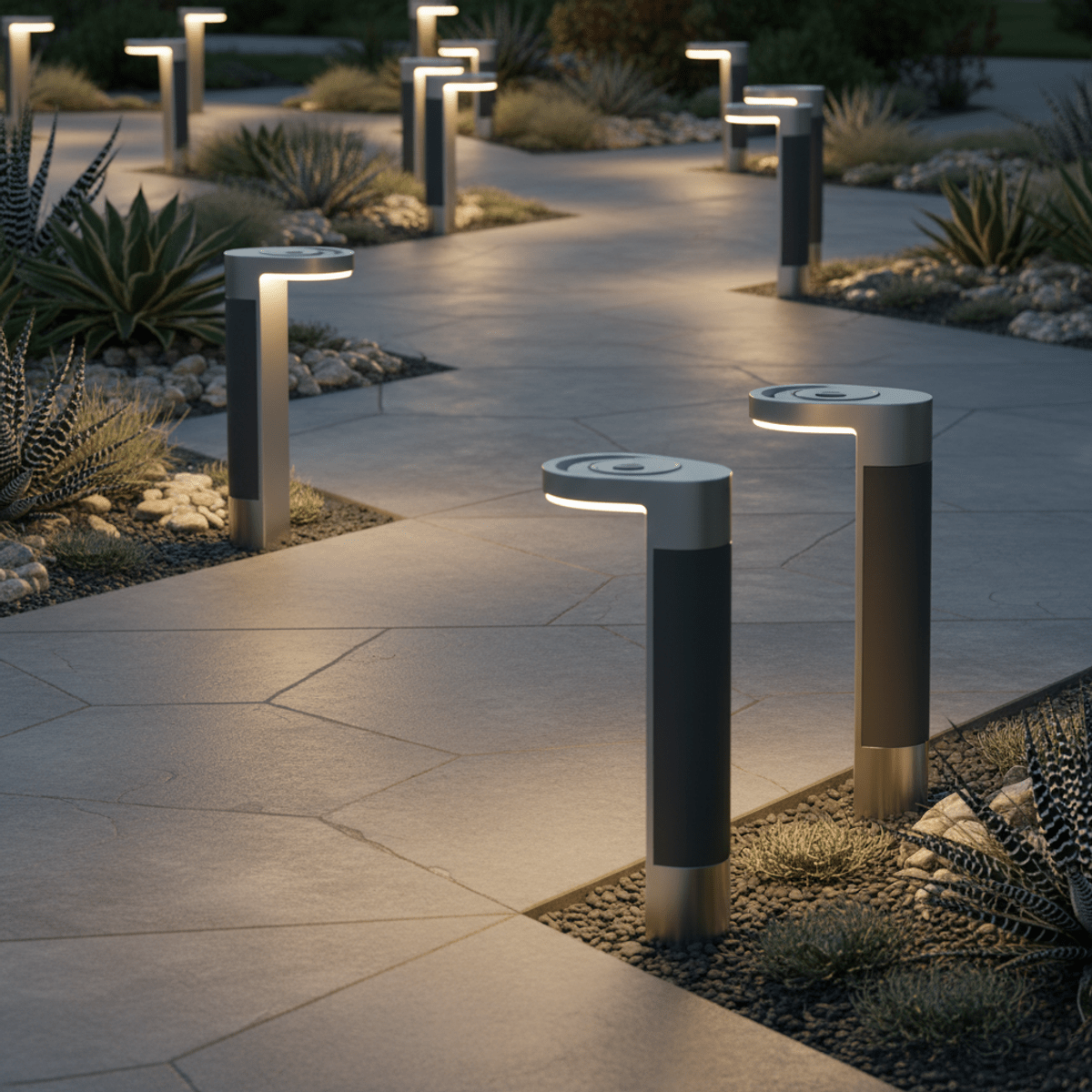 Futuristic smart garden path with geometric solar lights and warm evening sunlight.