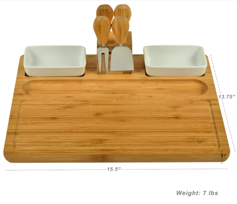 Большая бамбуковая доска для сыра, тарелка для колбасы с 4 инструментами из нержавеющей стали и 2 чашами