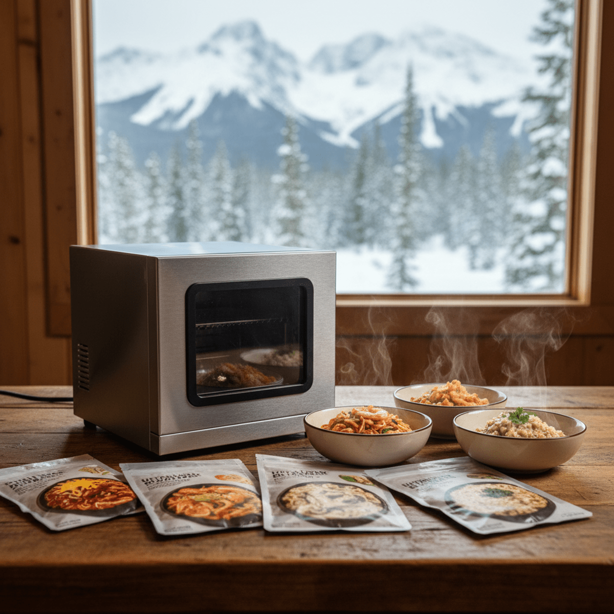 Compact freeze dryer and backpacking meals on a rustic table in a mountain cabin.