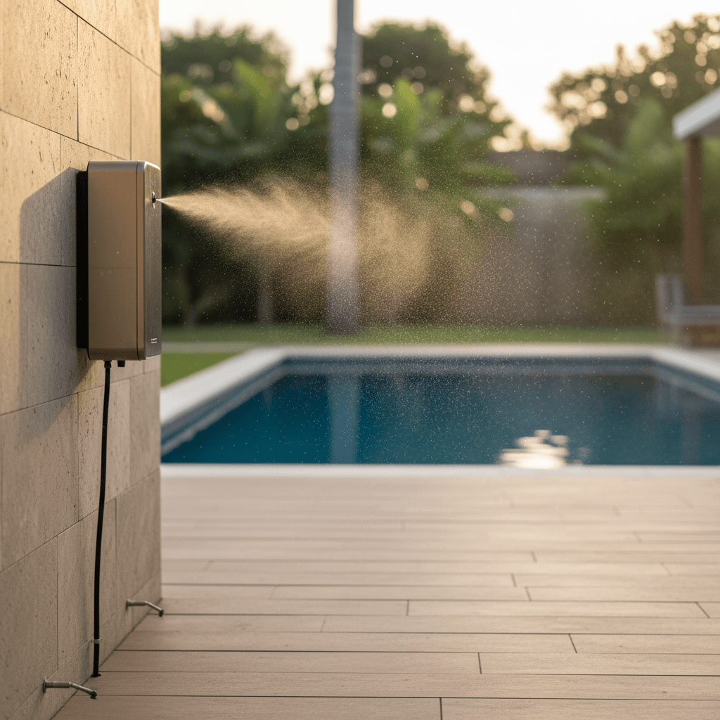 Sleek wall-mounted fogger releasing fine mist in a modern backyard setting.