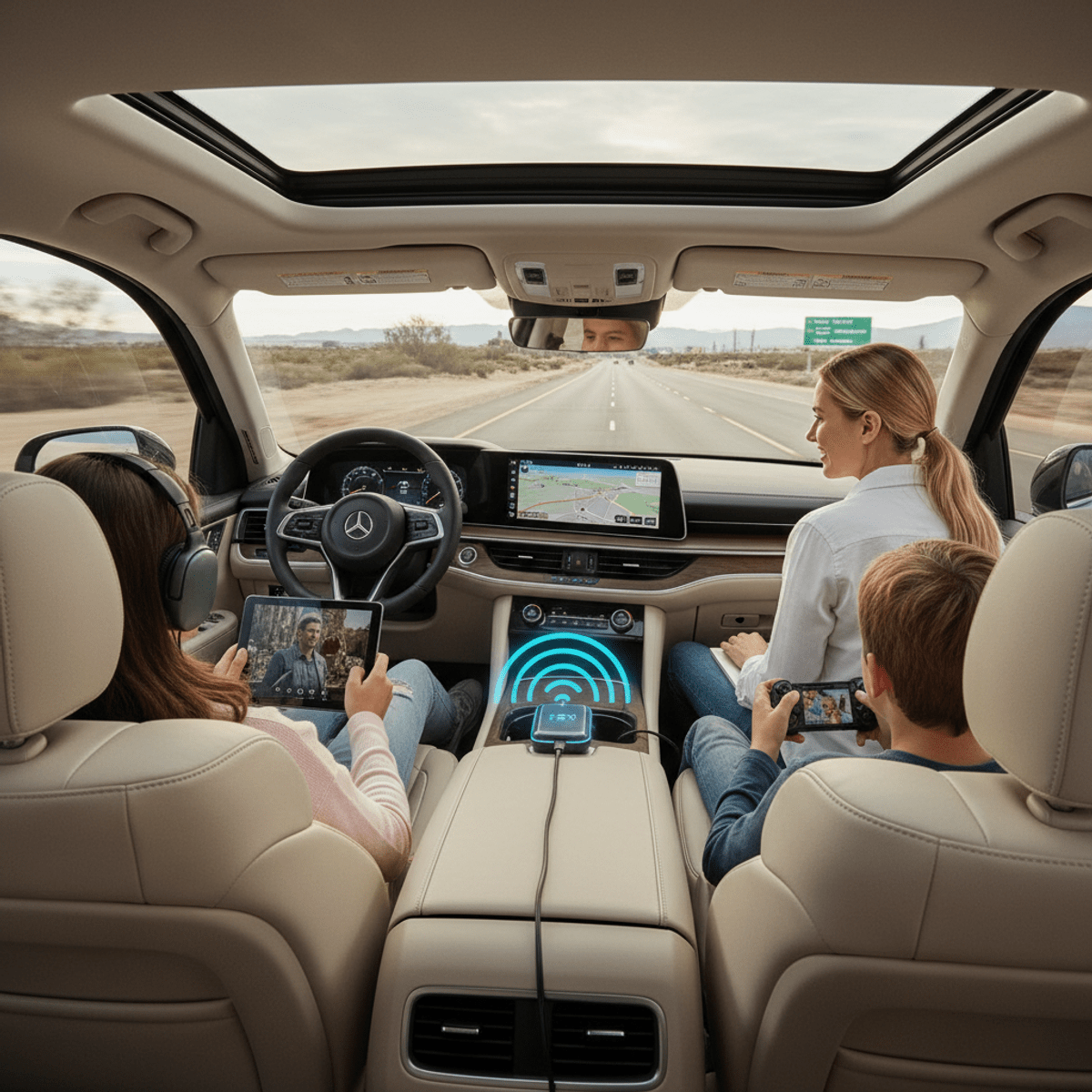 Spacious SUV interior with family enjoying devices connected to a powerful in-car WiFi dongle.