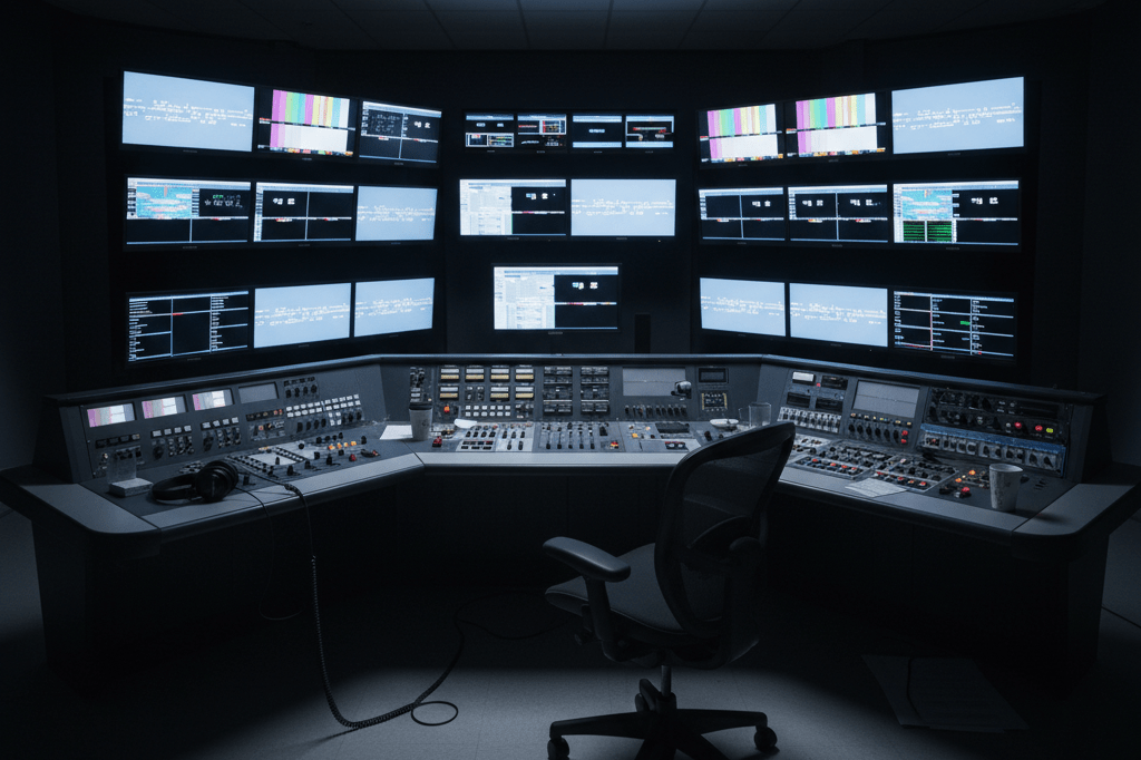 Deserted television control room with glowing monitors and idle equipment under ambient light, reflecting unplanned operational collapse