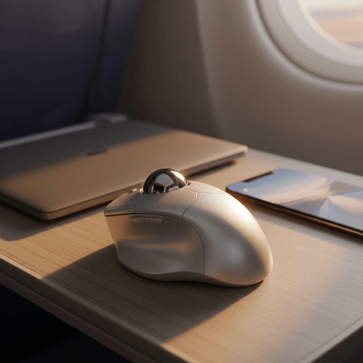 Compact trackball mouse on airplane tray table with laptop and phone.