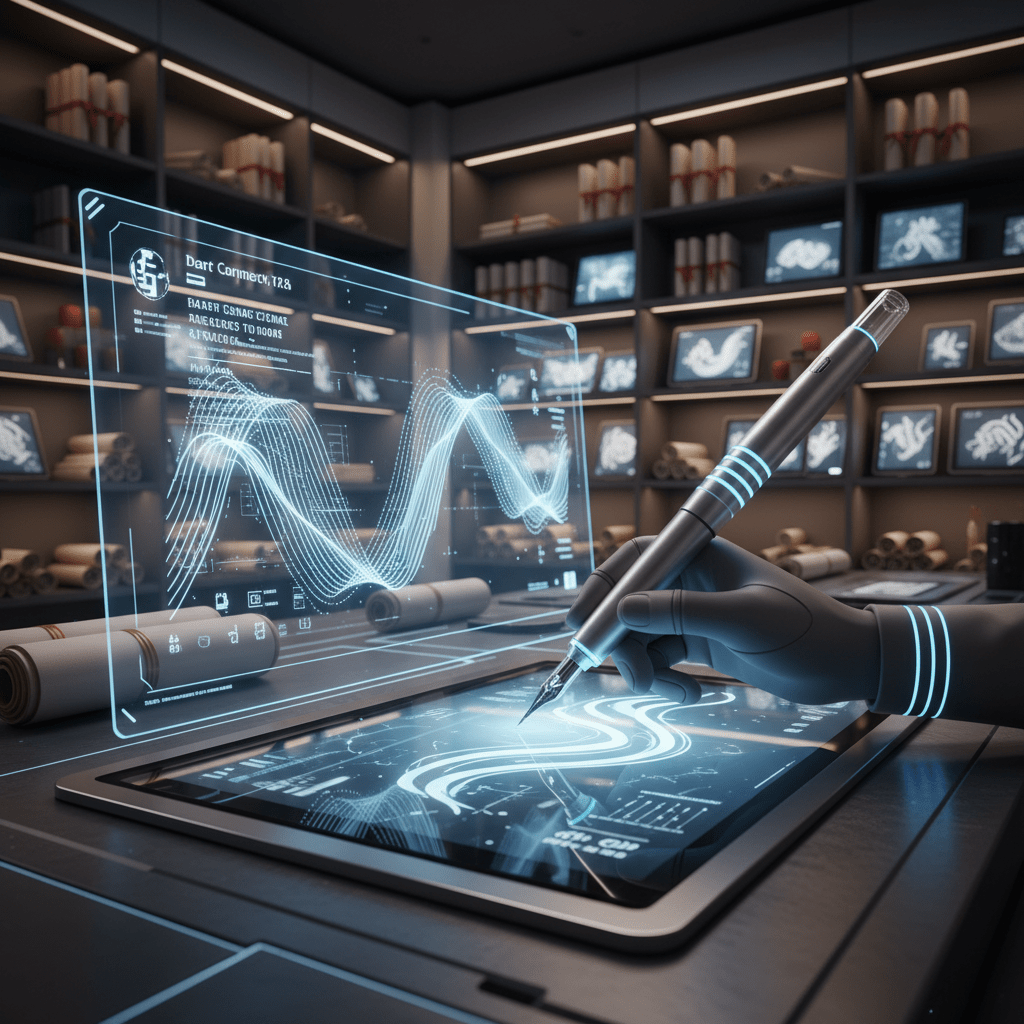 Futuristic workspace with smart calligraphy pen and holographic display showing stroke data.