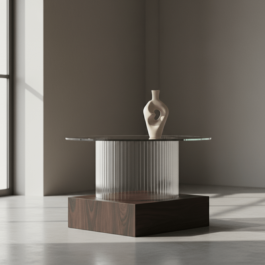 Minimalist coffee table set with fluted glass and walnut slab on concrete.