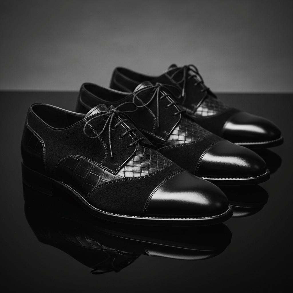 Close-up of luxury black men's Derby shoes highlighting material textures and craftsmanship.