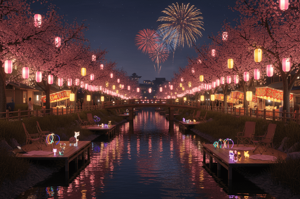 Wide shot of illuminated cherry blossoms and festival items near a reflective riverside under warm ambient lighting