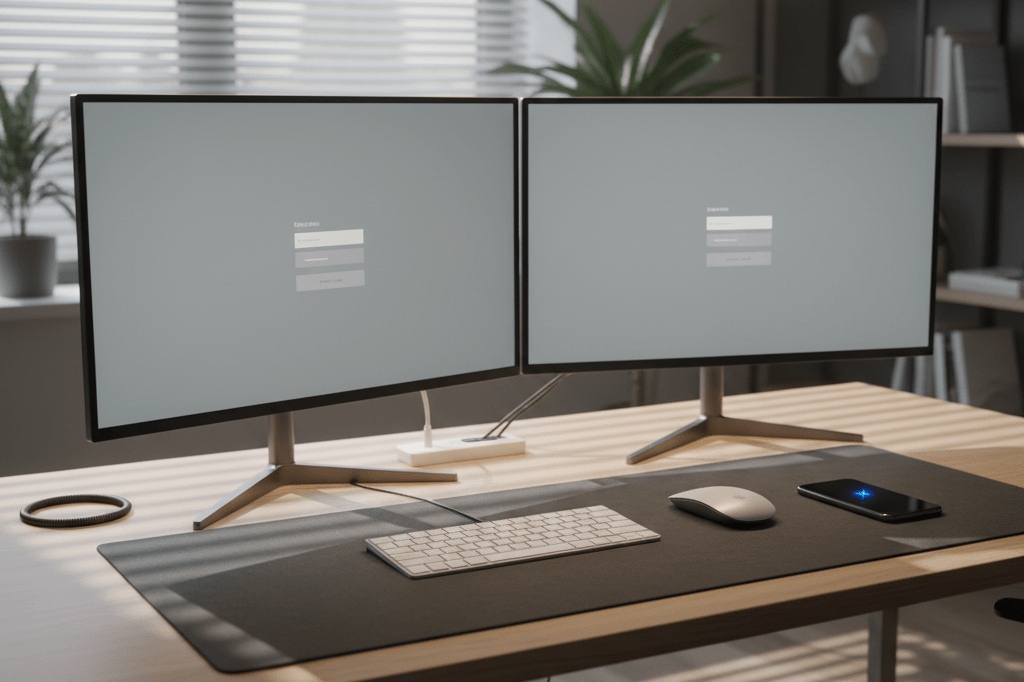 Wide shot of dual monitor setup and smartphone under natural light, symbolizing operational challenges in tech-dependent businesses
