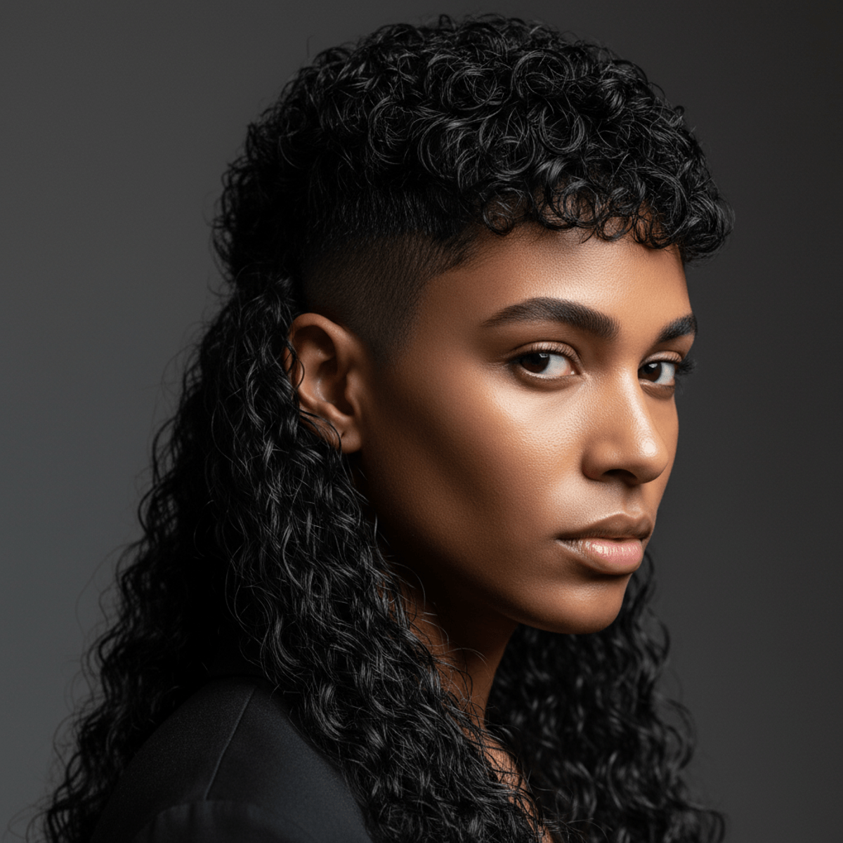 Close-up of a contemporary hybrid mullet with silky wet-look curls and barber precision.
