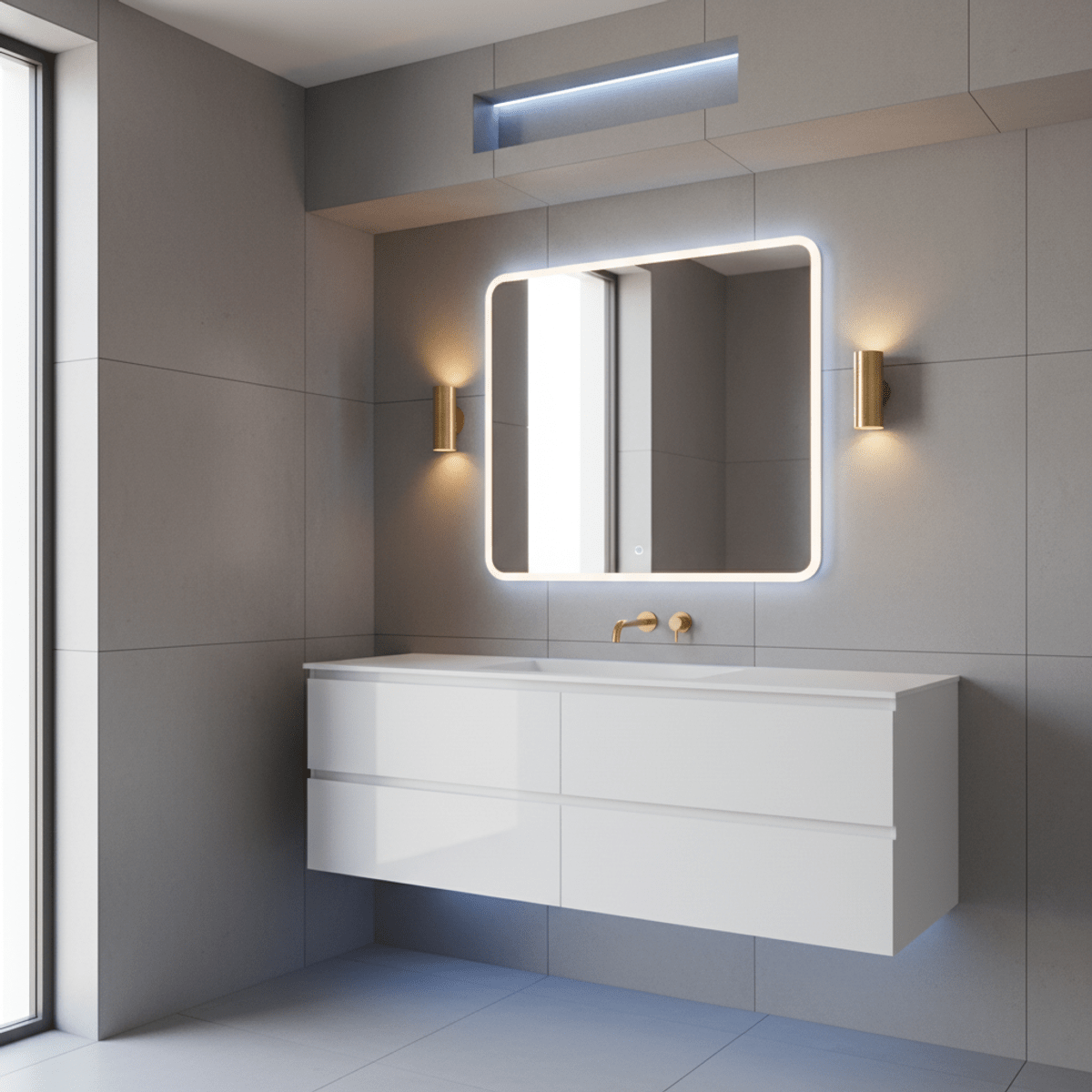 Futuristic bathroom vanity with ambient LED lighting and a backlit mirror. Sleek floating vanity with hidden LEDs and a large backlit mirror in a modern bathroom.