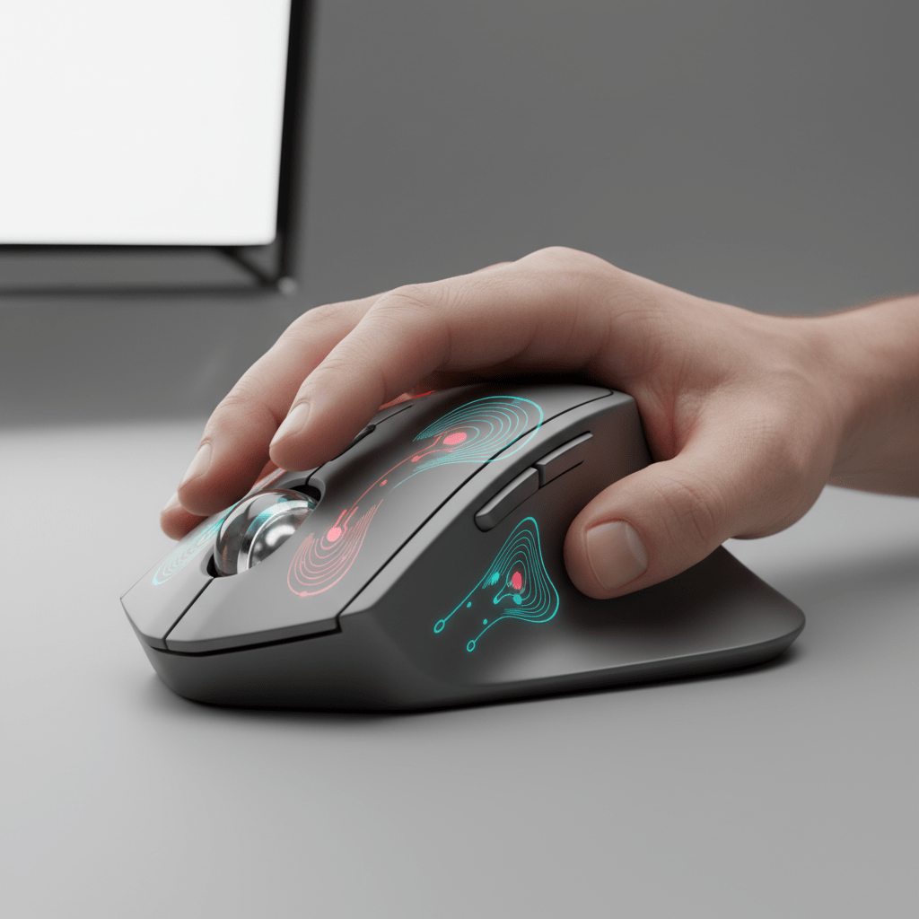 Futuristic ergonomic trackball mouse with holographic graphics for hand comfort.